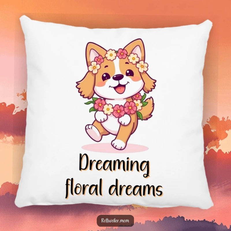 Funny Happy Dog Pillow: Dog with a flower garland joyfully prances, offering soft comfort and cheerful humor.