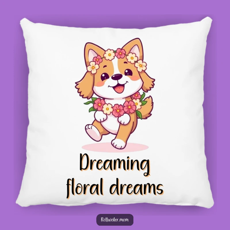 Funny Happy Dog Pillow: Cozy Flower Garland Pup Prancing - Soft Comfort & Joyful Decor