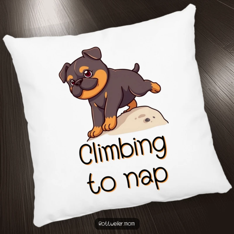 Funny Kawaii Rottweiler Pillow depicting a cute dog determinedly climbing a small hill, offering comfort and humor.