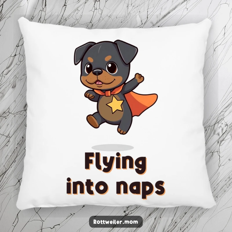 Funny Kawaii Rottweiler Pillow with a cute dog wearing a superhero cape, flying a short distance, providing comfort and humor.