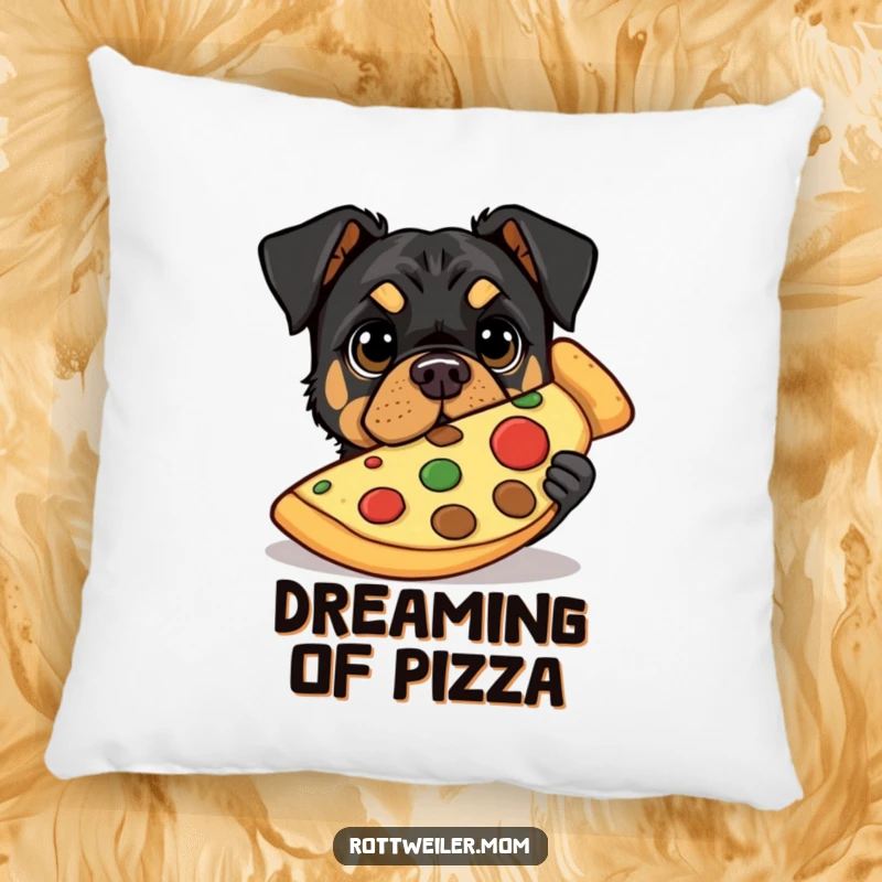 Funny pillow with a Rottweiler peeking from behind a giant pizza slice, its eyes wide with pizza anticipation.