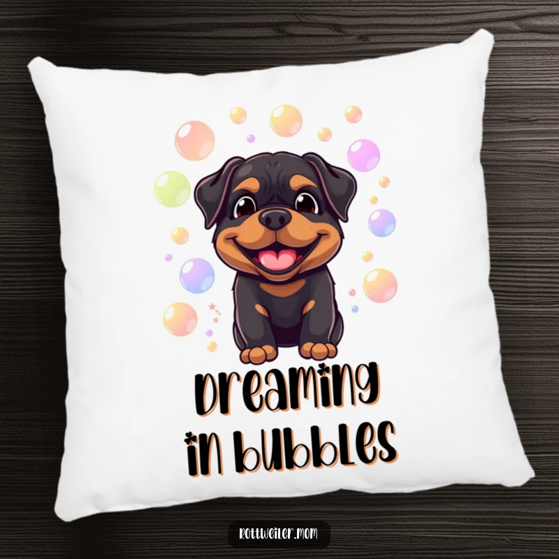 Funny pillow featuring a smiling Rottweiler surrounded by floating, colorful bubbles, offering cozy comfort and playful canine humor.