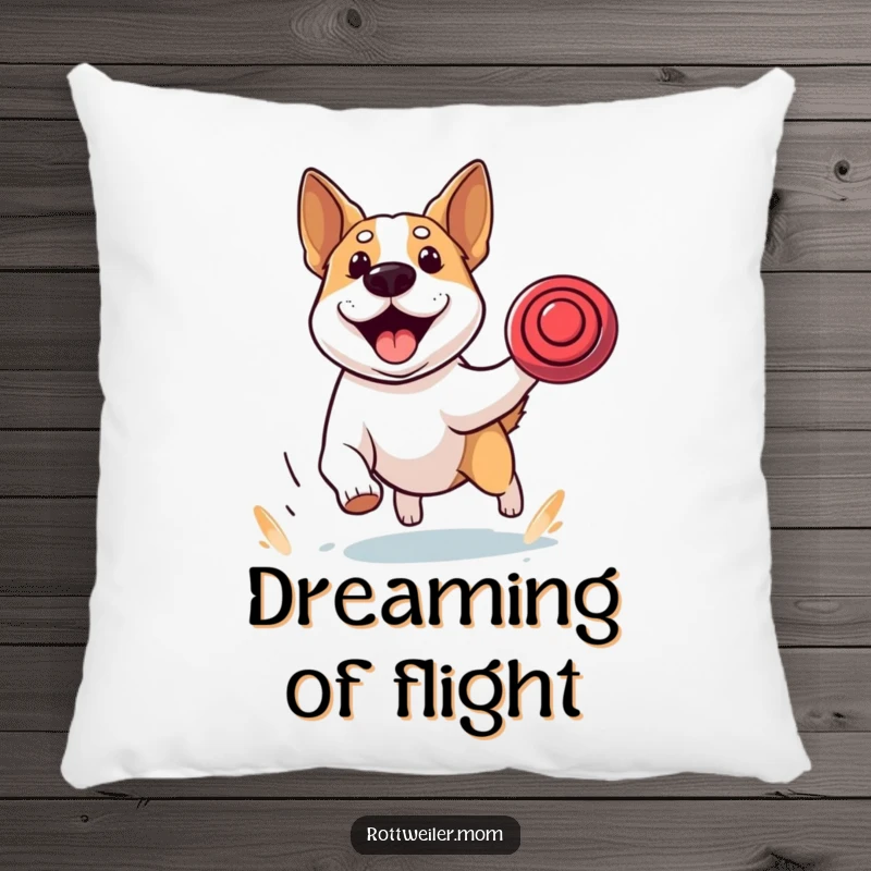 Funny pillow showcasing a stocky dog with alert ears, intently chasing a frisbee with incredible focus and exhilarating energy.