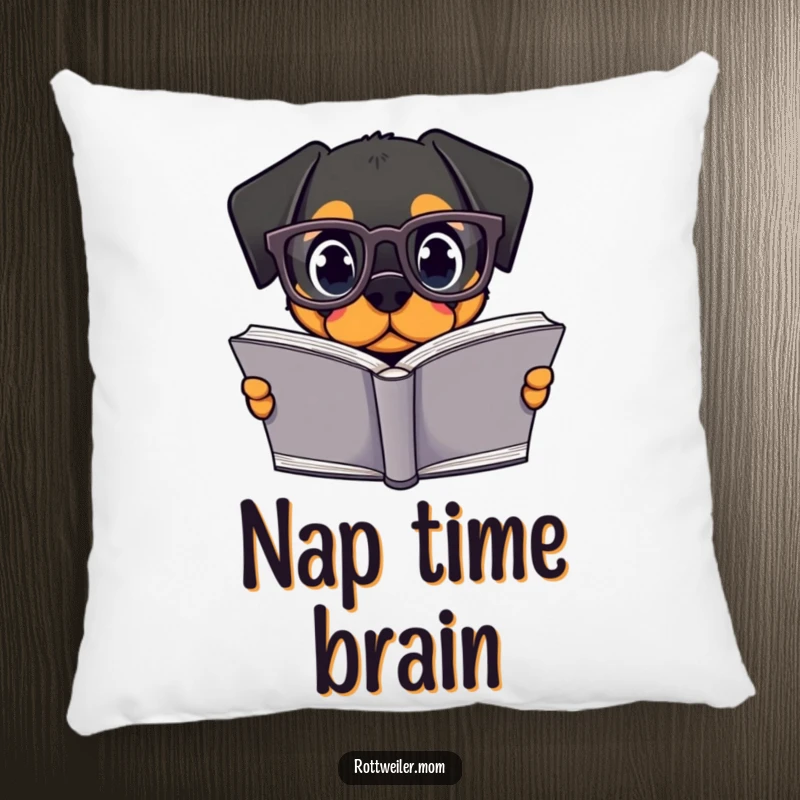 Funny Kawaii Rottweiler Pillow with a cute, bespectacled dog reading a big book, a charming and funny gift.
