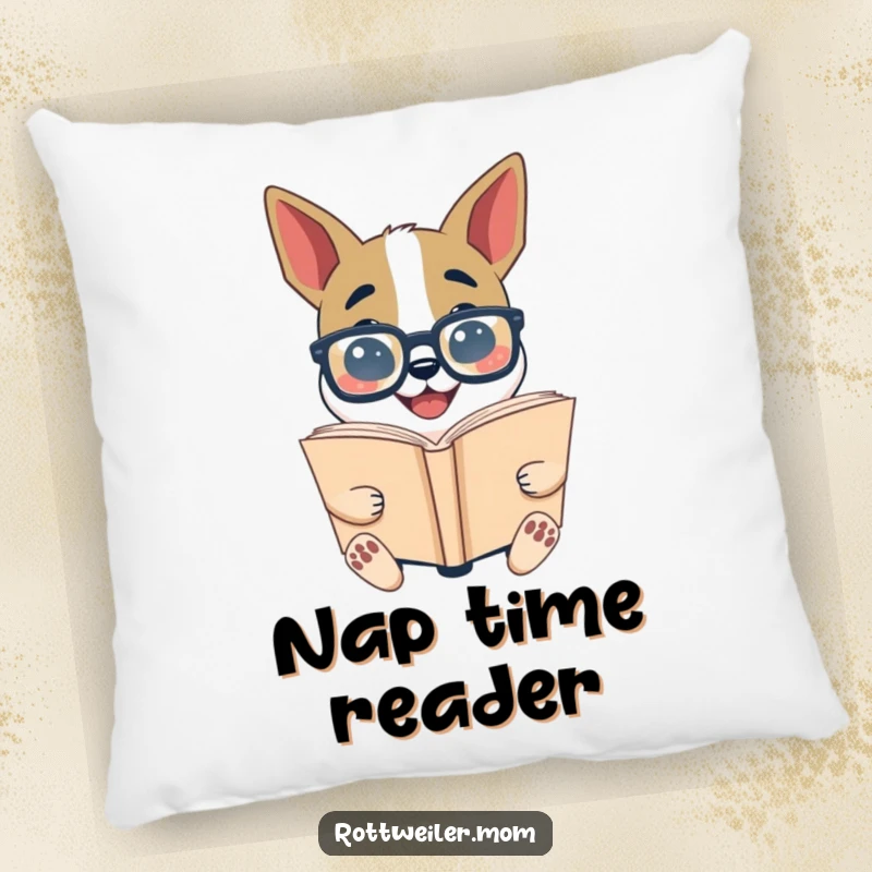 Funny Bookworm Dog Pillow: Dog in glasses reading a large book, offering soft comfort and intellectual humor.