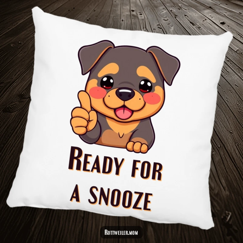 Funny Kawaii Rottweiler with rosy cheeks, giving a thumbs-up from a soft pillow, perfect for adding humor.