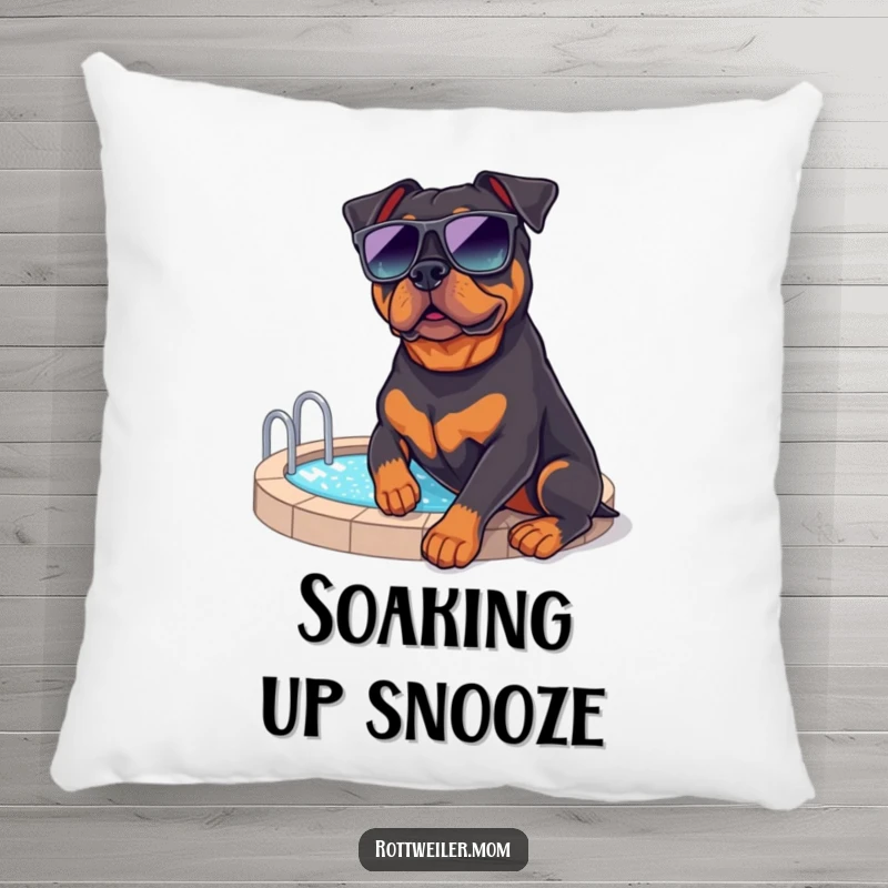 Funny Rottweiler Poolside Pillow: A soft pillow featuring a rottweiler in sunglasses by a pool, perfect for relaxation.