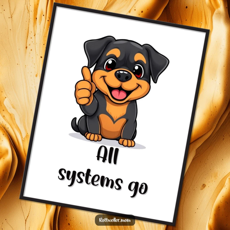 Funny Rottweiler digital art print of an enthusiastic pup giving a thumbs-up with a big smile, perfect for instant download.