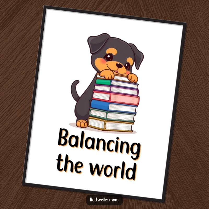 Funny Rottweiler digital art print of a determined dog balancing a stack of books, ready for instant download and display.