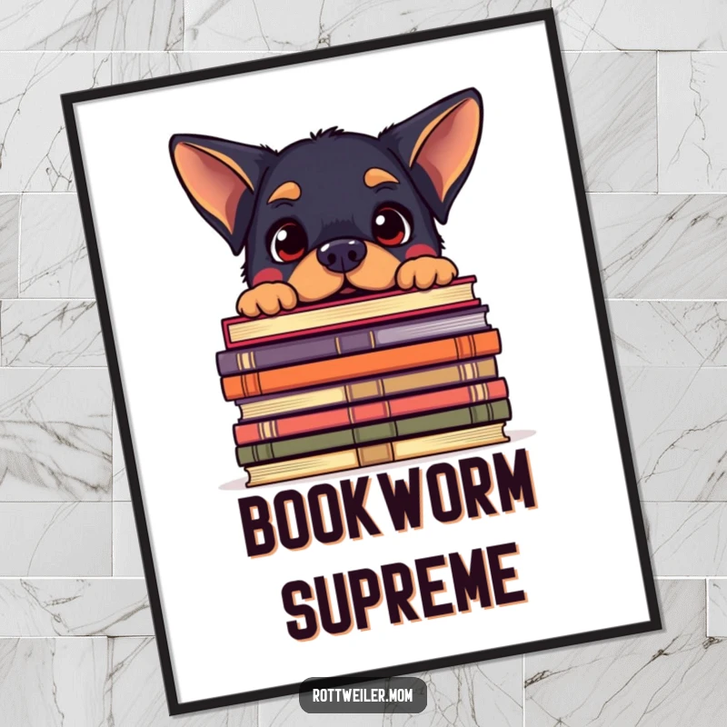 Funny digital art print of a kawaii Rottweiler peeking over a giant stack of books with an amused expression, celebrating reading.