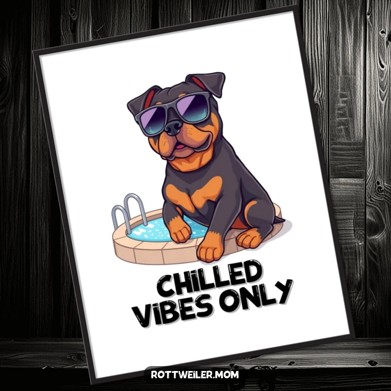 Funny Rottweiler Poolside Digital Art: Downloadable art of a rottweiler in sunglasses by a pool, perfect for relaxed spaces.