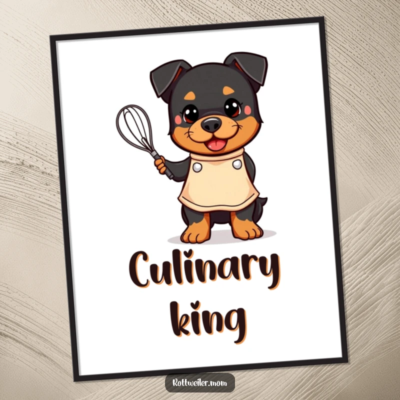 Funny digital art print of a kawaii Rottweiler wearing an apron and happily holding a whisk, celebrating baking joy.