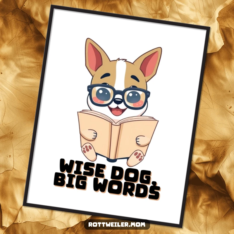 Funny Bookworm Dog Digital Art Print: Dog with oversized glasses reading a giant book, whimsical and humorous art.