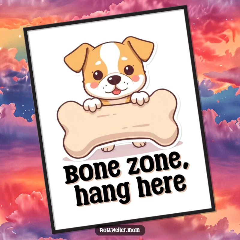 Funny Digital Art Print: A charming illustration of a dog peeking around a large bone, conveying playful curiosity and adding humor.