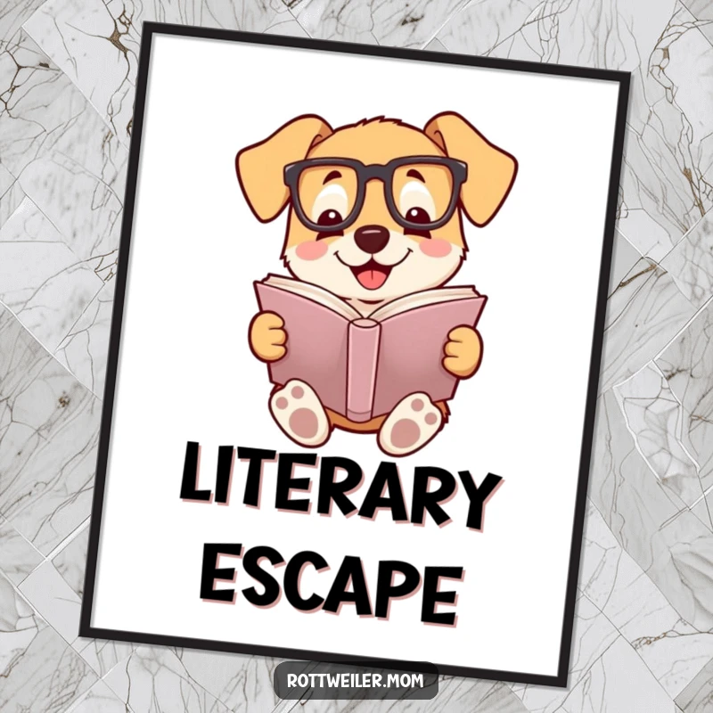 Funny digital art print of a dog wearing reading glasses, smiling while reading a book, perfect for literary humor.