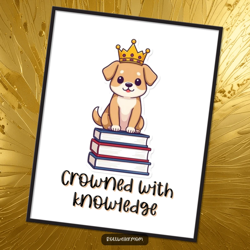 Funny Regal Dog Digital Art Print: Dog wearing a crown sits on books, majestic and humorous art.