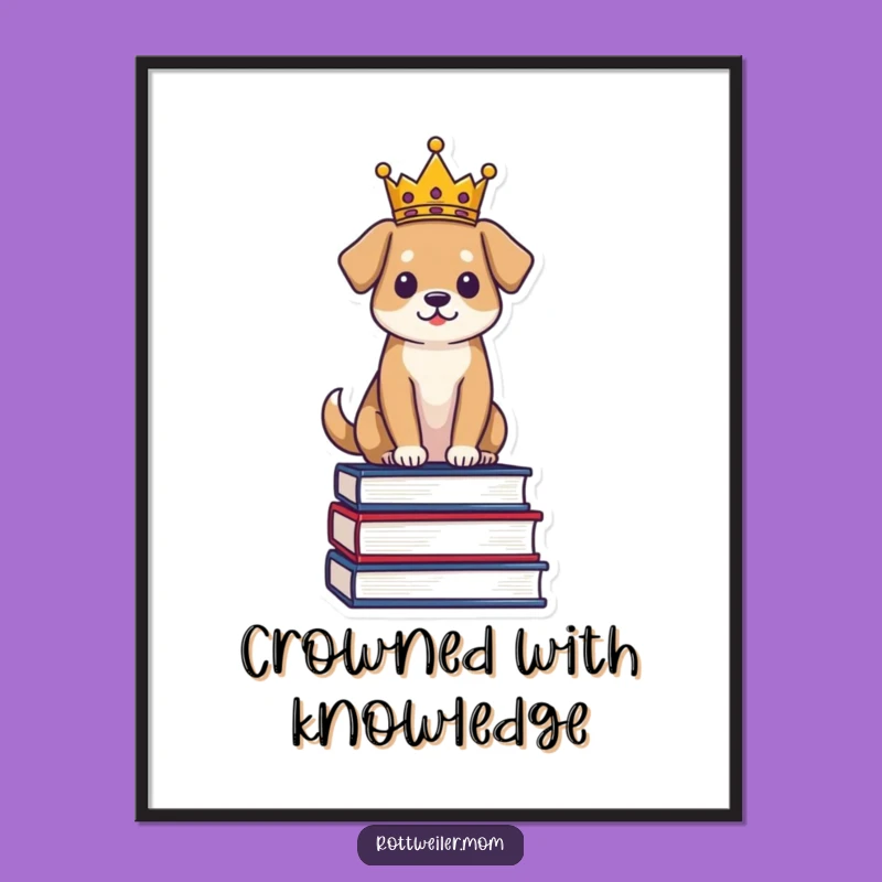 Funny Regal Dog Digital Art Print: Crowned Pup on Books - Instant Majestic Decor