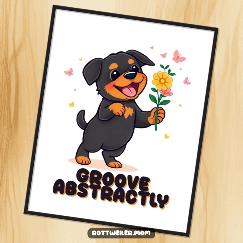Funny Rottweiler Digital Art: A downloadable print of a rottweiler joyfully dancing with a bouquet of vibrant flowers, adding cheer.
