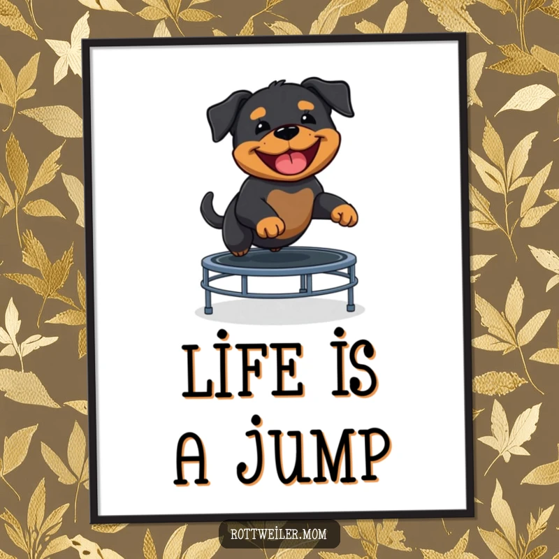 Funny Rottweiler puppy jumping high on a trampoline with a huge grin, a vibrant digital art print.