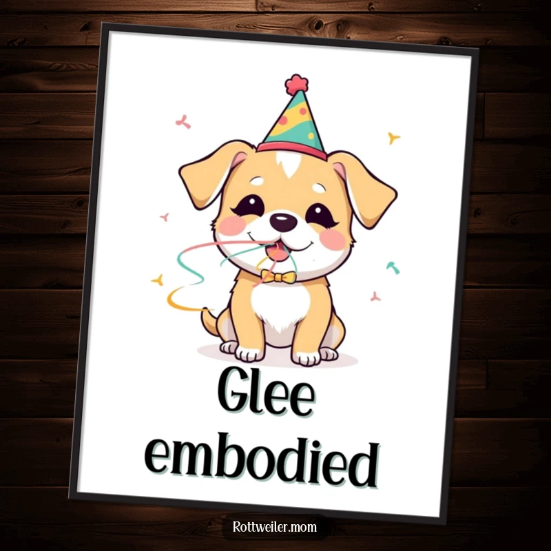 Funny dog party digital art print of a dog in a party hat blowing a streamer with glee, ready for instant download and display.