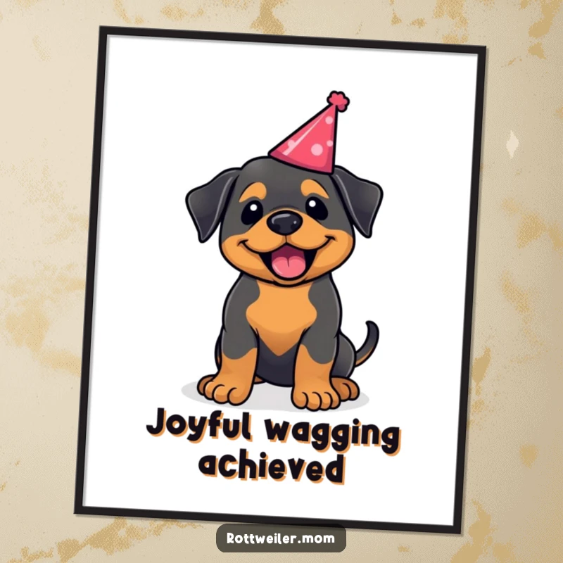 Funny kawaii Rottweiler digital art print, a joyful dog wagging its tail in a party hat. Instant festive decor.