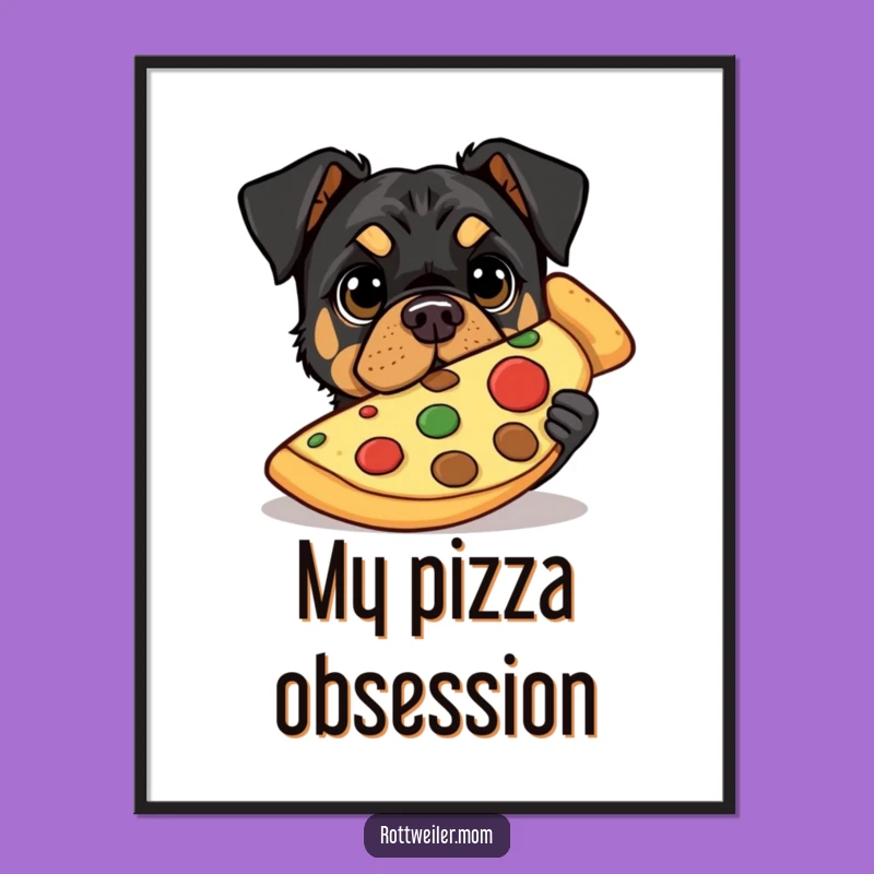 Funny Pizza Rottweiler Digital Art: Wide-Eyed Snack Art Print Gift