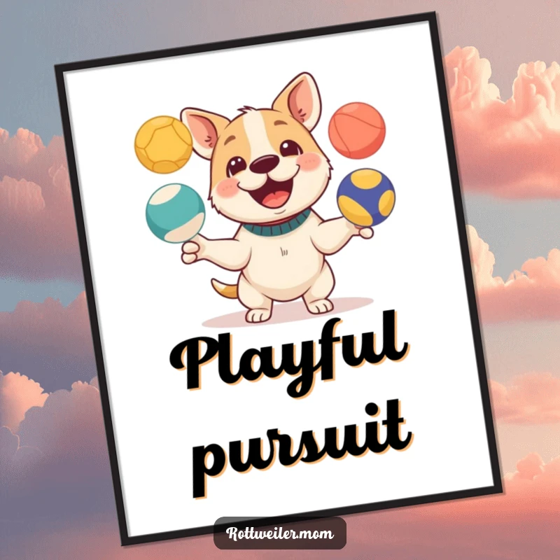 Funny digital art print of a dog with a playful expression juggling three colorful balls, perfect for vibrant decor.