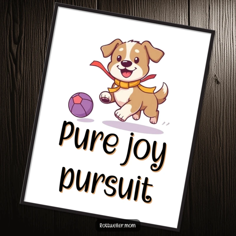 Funny Playful Dog Digital Art Print: Dog with a bright ribbon playfully chases a bouncing ball, humorous and energetic art.