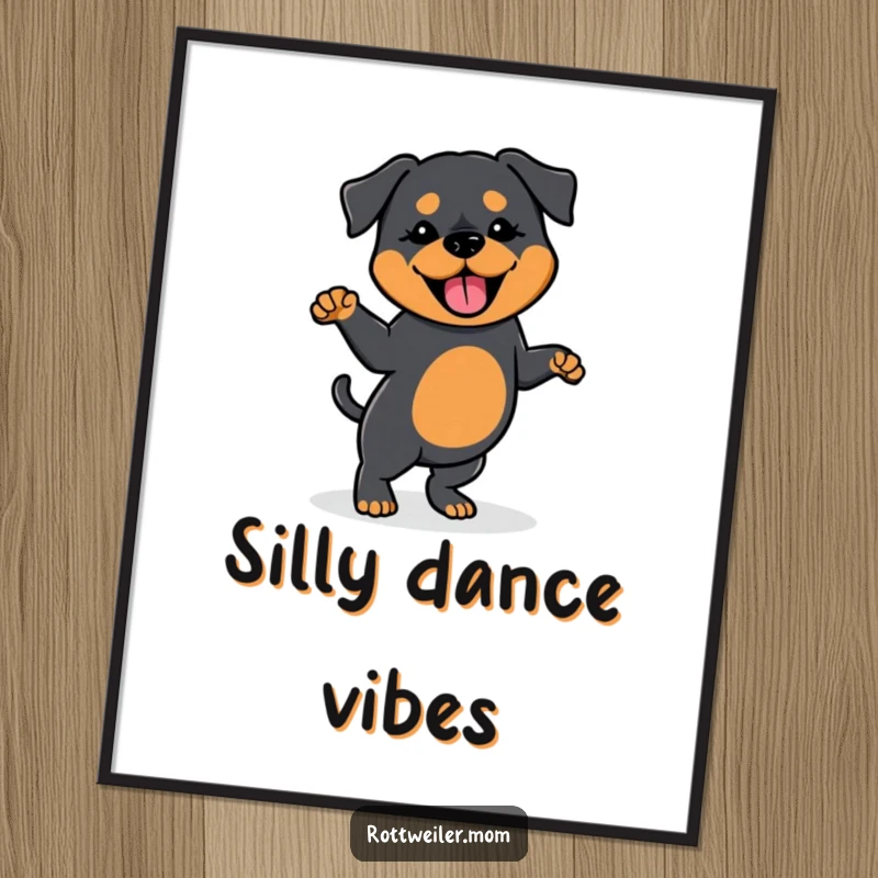 Funny digital art print of a Kawaii Rottweiler doing a silly dance with a wagging tail, offering instant joyful and humorous decor.