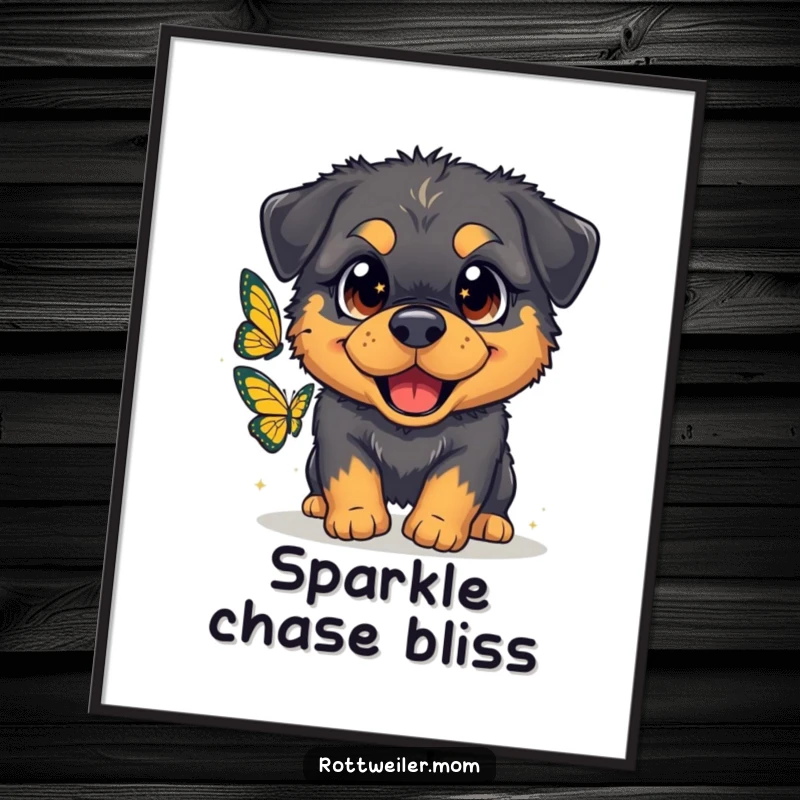Funny digital art print of a fluffy Rottweiler with oversized, sparkling eyes gleefully chasing a butterfly, ready for download.