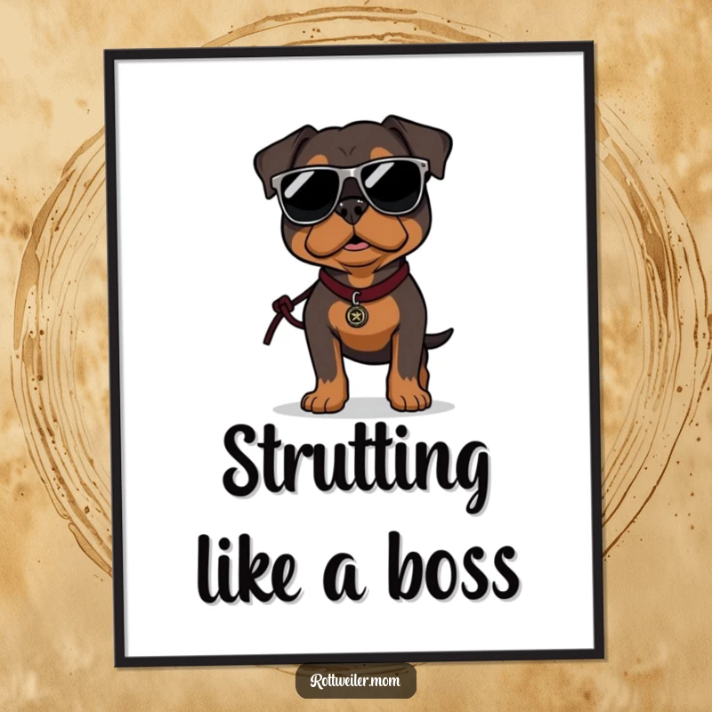 Funny Rottweiler digital art print capturing a dog wearing oversized sunglasses, confidently strutting with a leash.