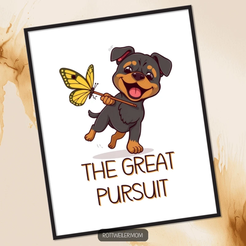 Funny Rottweiler Butterfly Chase Digital Art Print shows an excited dog with a net, chasing a large butterfly with humorous action.
