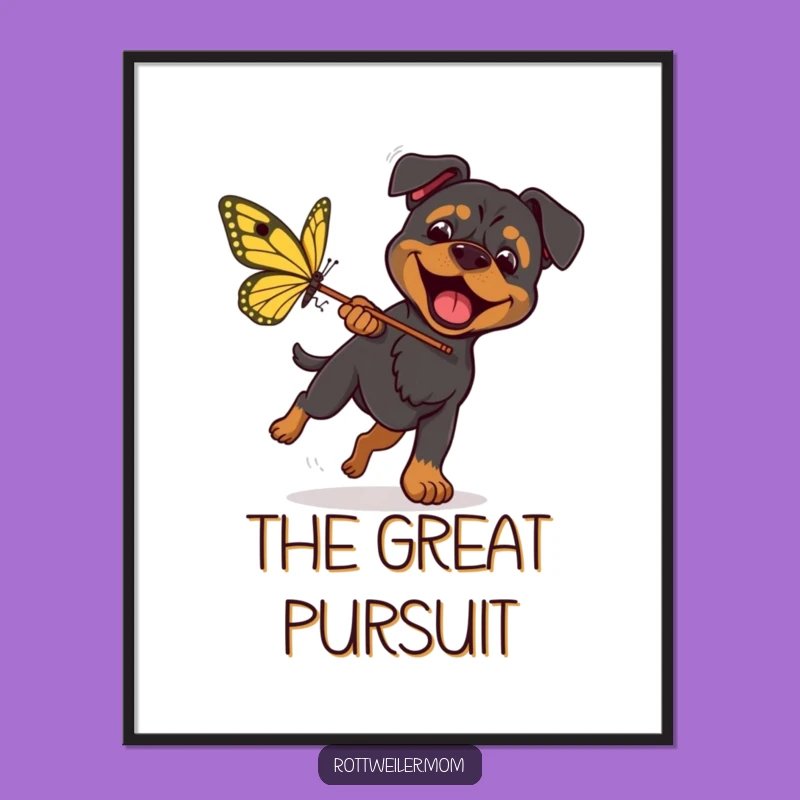 Funny Rottweiler Butterfly Chase Digital Print - Energetic Dog Art, Funny Gift