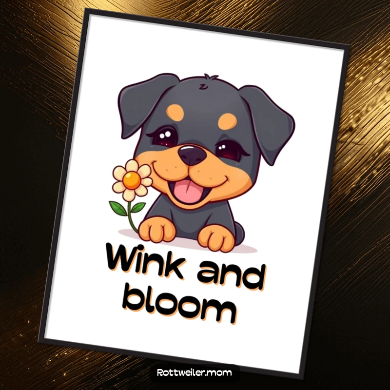 Funny Kawaii Rottweiler Digital Art Print of a cute dog winking and offering a single flower, ready for instant download.