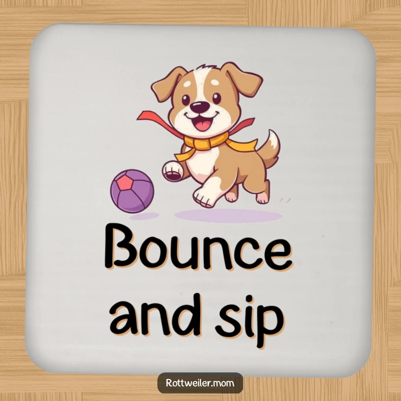 Funny Playful Dog Drink Coaster: Dog with a bright ribbon chases a bouncing ball, a humorous and protective accessory.