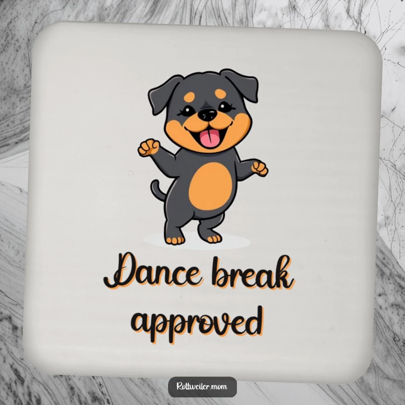 Funny coasters with a Kawaii Rottweiler doing a silly dance, tail wagging, protecting surfaces with canine charm and humor.