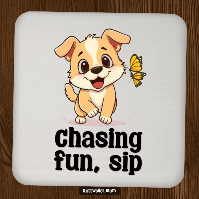 Funny Drink Coasters: A dog with excited eyes chasing a butterfly, protecting surfaces with a touch of playful joy.