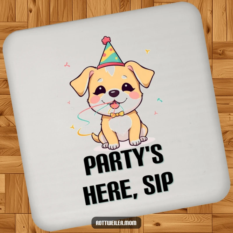 Funny dog party coaster featuring a dog in a party hat blowing a streamer with glee, a decorative and functional item.