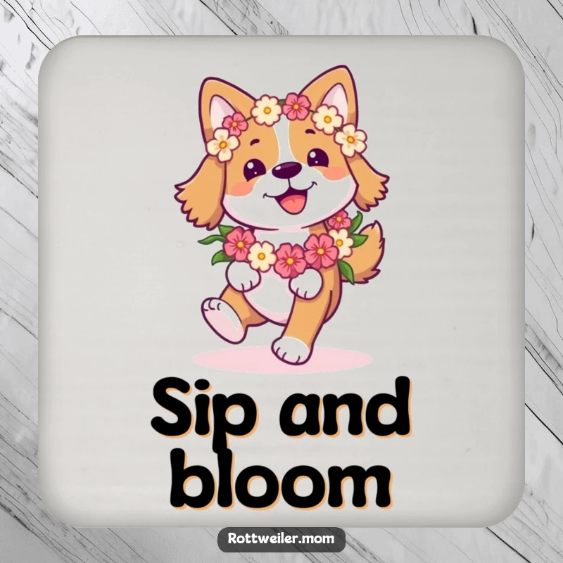 Funny Happy Dog Drink Coaster: Dog with a flower garland joyfully prances, a humorous and protective accessory.