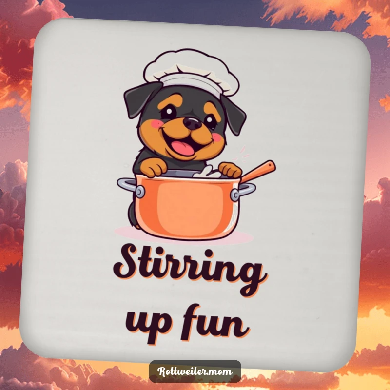 Funny Kawaii Rottweiler stirring a giant pot on coasters, adding culinary humor to your home.