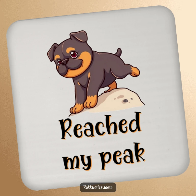 Funny Kawaii Rottweiler Coaster featuring a cute determined dog climbing a small hill, protecting surfaces with a humorous touch.