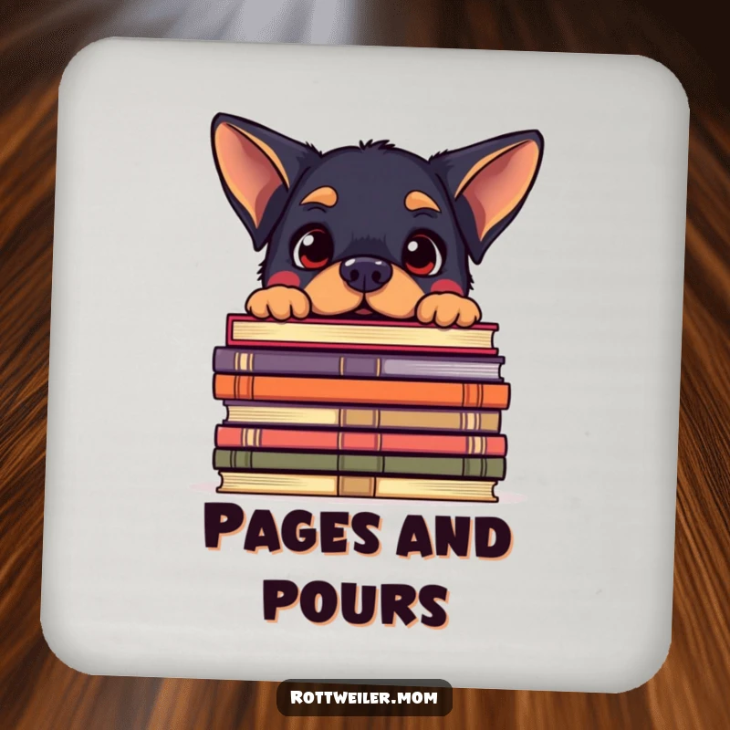 Funny drink coasters with a kawaii Rottweiler peeking over a giant stack of books, looking amused, adding literary humor.