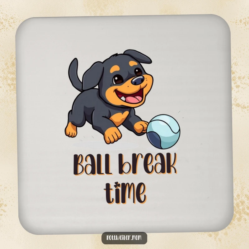 Funny drink coasters with a kawaii Rottweiler with a silly grin chasing a bouncing ball, adding humor to your table.