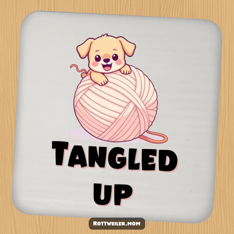 Funny puppy drink coasters depicting a tiny dog happily tripping over a huge ball of yarn, bringing a sense of sweet disarray.