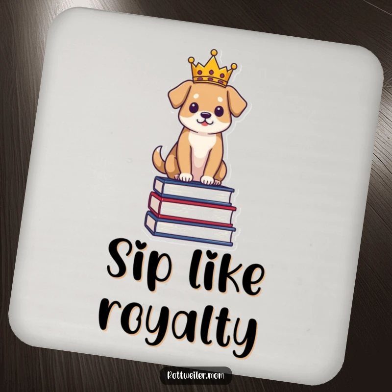 Funny Regal Dog Drink Coaster: Dog wearing a crown sits on books, a humorous and protective accessory.