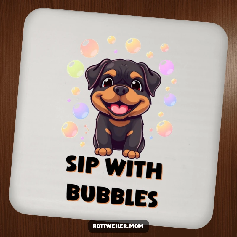 Funny coasters with a smiling Rottweiler surrounded by floating, colorful bubbles, protecting surfaces with cheerful canine charm.