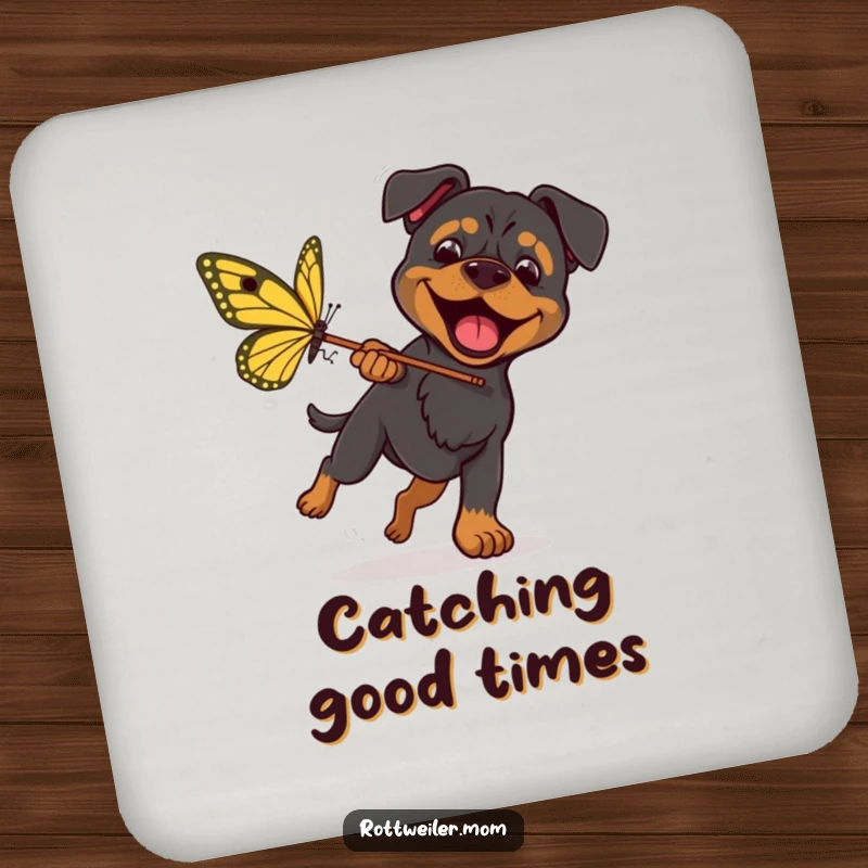 Funny Rottweiler Butterfly Coaster shows an excited dog with a net, chasing a huge butterfly, offering humorous drink protection.