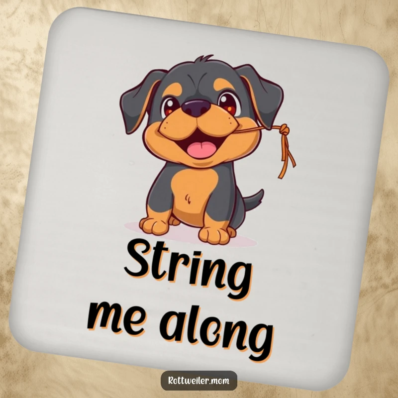Funny Rottweiler coasters featuring a playful pup with happy eyes, batting at a dangling string, protecting surfaces with cheerful humor.