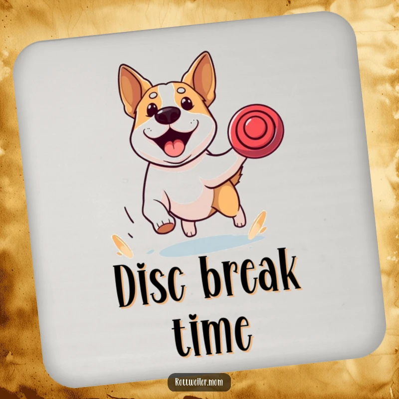 Funny drink coasters featuring a stocky dog with alert ears, intensely chasing a frisbee with exhilarating focus and determination.