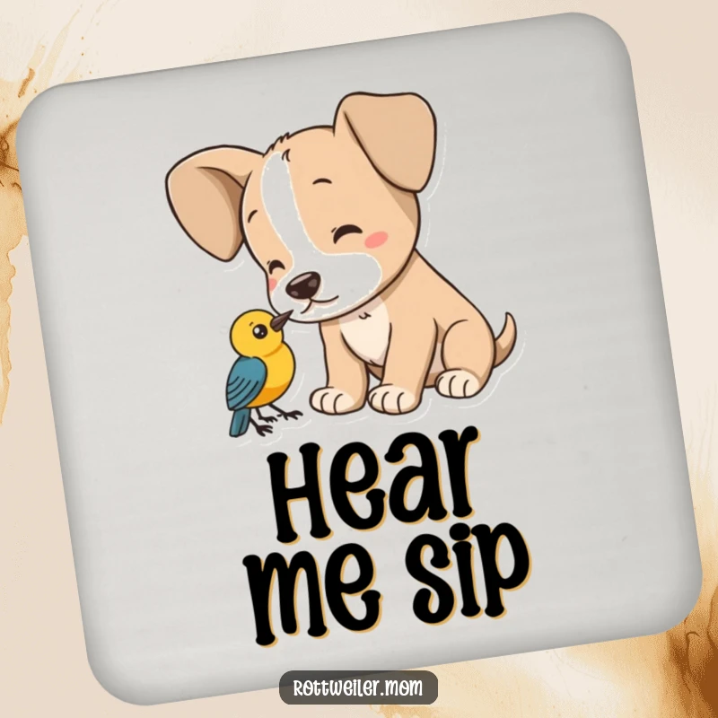 Funny puppy coasters, a dog with large ears listening to a bird, protecting surfaces with cute humor.